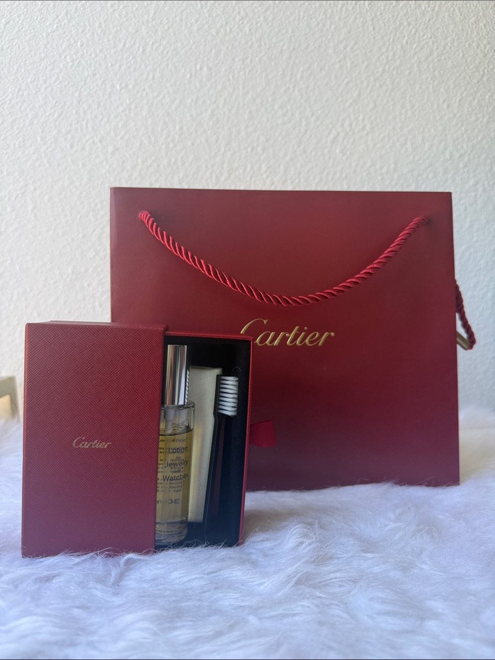 Authentic Cartier Red Gift Bag and Jewelry Care Set with Gold Logo